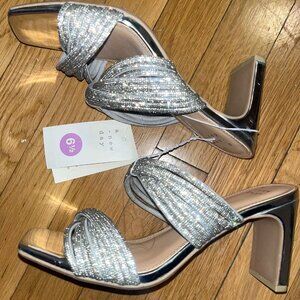 A New Day Women's Silver Rhinestone Embellished Square Toe Block Heel Size 6.5